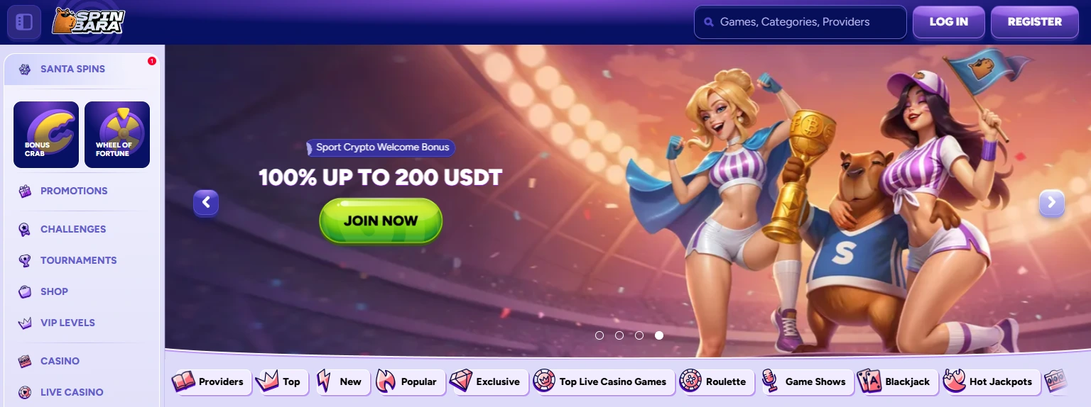 Spinbara casino for AU players with a banner showing a 100% bonus up to 200 USDT